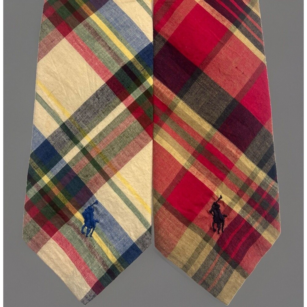 Polo Ralph Lauren Vintage Madras Plaid Ties 100% Cotton Hand Made USA Set of 2